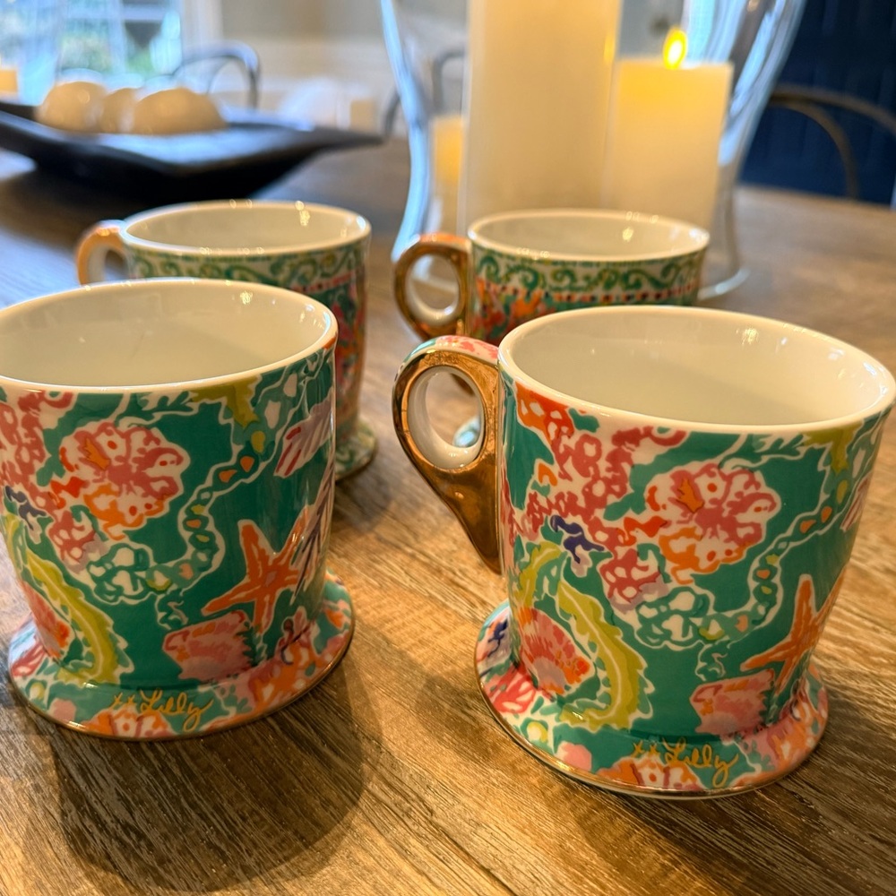 Lilly Pulitzer Turquoise, Coral & Gold Ceramic Mugs – Set of 4